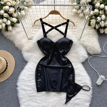 Вечерние майки, сексуальное однотонное пижамное платье, женские тонкие ночные платья с открытой спиной, женская уличная одежда, клубное кожаное эротическое ночное платье 2024 S чёрный