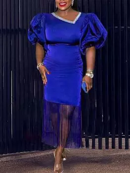 Вечерние платья AOMEI для женщин, блестящие короткие рукава-фонарики, косой воротник, облегающий пакет, бедра с кисточками, официальное празднование мероприятия