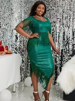 Вечерние платья больших размеров, женские облегающие платья миди с блестками и кисточками, сексуальный блестящий квадратный воротник, вечерний выход на день рождения S зелёный