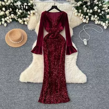 Вечерние платья для женщин, элитные, знаменитые, сексуальные, с V-образным вырезом, бархатные, с расклешенными рукавами, с пайетками, блестящие платья S бордовый