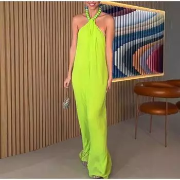 Вечерние платья для женщин, свободное платье с бретелью через шею, со шнуровкой на спине, сексуальное атласное вечернее платье, летнее новое модное элегантное платье для отпуска S зелёный