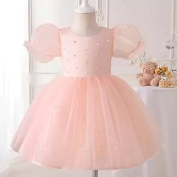 Вечерние платья принцессы с пышными рукавами для девочек, элегантное жемчужное платье на день рождения, свадьбу, торжественное, фатиновое платье для выпускного вечера, летнее розовое детское платье с бантом 4Y розовый