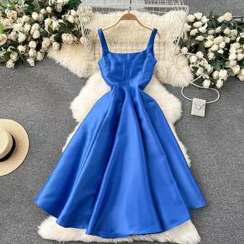 Вечерние платья Женская одежда 2024 Элегантное свадебное платье для торжественных случаев с квадратным вырезом без рукавов Сексуальное платье миди на бретельках S бежевый