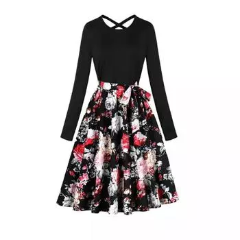 Вечерние повседневные платья с круглым вырезом и длинными рукавами в литературном ретро-стиле S