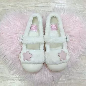 Вечерние туфли Французские женские туфли на плоской подошве Туфли Мэри Джейн на пушистой подошве Осенняя и зимняя одежда Теплые бархатные хлопковые туфли Мягкая подошва Одинарные туфли 35