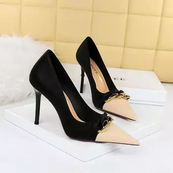 Вечерние туфли на высоком каблуке-шпильке, легкие, подходящего по цвету, с острым носком, с металлической цепочкой, декоративная женская обувь, одинарные туфли 40 бежевый