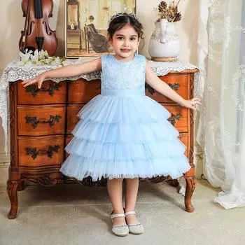 Вечерние тюлевые детские платья подружки невесты со шлейфом для девочек, костюм принцессы с бантом и блестками, праздничное платье с цветочным узором для девочек, платье на свадьбу, день рождения 90 белый