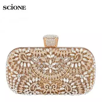 Вечерний клатч с бриллиантами, женский свадебный золотой клатч, сумка на плечо с цепочкой, маленькая вечерние сумочка с металлической ручкой