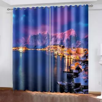 Вечерний морской остров айсберг городской пейзаж занавеска, домашняя спальня гостиная теневая занавеска, комплект из двух частей 50W60H(CM)X2PCS&Grommet Top