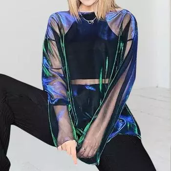 Вечерний топ, пуловер, клубная одежда, негабаритный очаровательный женский клубный топ с круглым вырезом, женская одежда S зелёный/синий