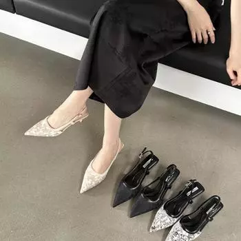 Вечерний ветер Французские сандалии с сумкой на голове Женские туфли Темперамент Высокие каблуки Остроносые одинарные туфли 35 бежевый