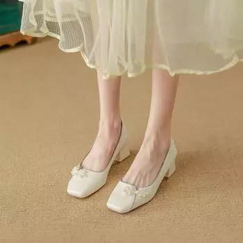 Вечерний ветер жемчужные туфли на высоком каблуке женские 2024 осень и зима новые толстые каблуки белые свадебные туфли не устают ноги женские туфли универсальные одинарные туфли 35 бежевый