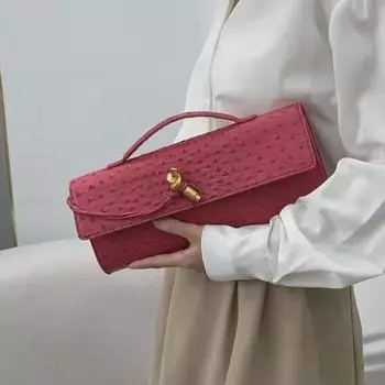 Вечерняя сумочка-багет ручной работы с узором под страуса 2025 года - изысканная сумка через плечо и через плечо Regular (Plain Hardware) розы красного