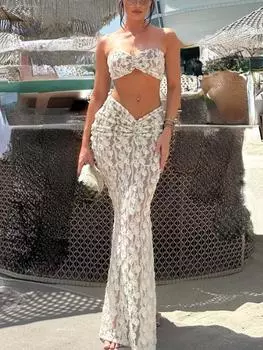 Вечерняя вечеринка, сексуальный кружевной комплект из двух предметов, женский ретро-сладкий лоскутный тонкий костюм с юбкой и рукавами, женский однотонный костюм с открытой спиной и цветком, модные пляжные комплекты S белый