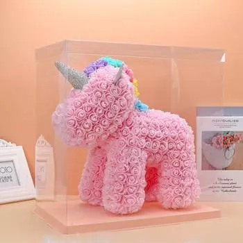 Вечная Роза Единорог с коробкой Искусственный цветок из полиэтилена Крылья Корона Вуаль Единорог День святого Валентина Подруга Женщины Подарок на День матери