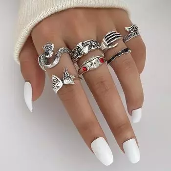 Ведьма Гадание Ужасы Кольца Змеиные Крылья Серебряные Старинные Грибные Кольца Набор из 6 Шт. Лягушка Красные Глаза Объятия Высокое Качество Подарок Сто Ювелирных Изделий серебряный