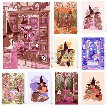 Ведьма Иллюстрация Плакат Фэнтези Жуткий Дракон Темная Академия Печать Холст Картина Волшебные Настенные Картины Декор Домашней Комнаты 21x30cm No Framed