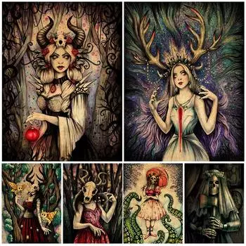 Ведьма из джунглей с рогом, настенная живопись маслом, девушка-скелет и седая ведьма, искусство 21cm30cm NoFrame