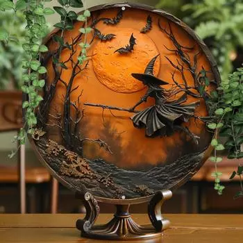 Ведьма на метле Хэллоуин Алюминиевая настенная живопись Классический стиль 8x8 дюймов Круглая металлическая вывеска Всепогодная высококачественная печать чёрный