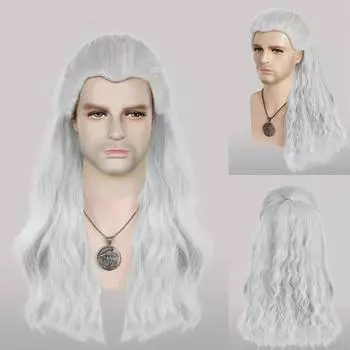 Ведьмак 3: Дикая Охота Синтетические волосы Длинные серебристо-белые волнистые мужские парики для косплея Геральта для Хэллоуина, Рождественской школы 26inches серебряный