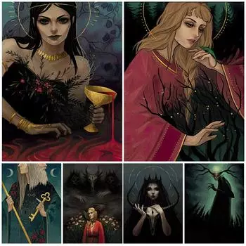 Ведьмы и странствующие волшебники под звездами, фрески в стиле ретро, картины маслом, демонические верующие, языческие плакаты о колдовстве, печатные украшения 21cm30cm NoFrame