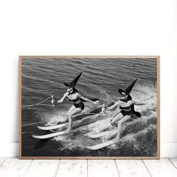 Ведьмы Водные лыжи Плакат и печать Винтажный пляж Черно-белая настенная живопись Картина на холсте Хэллоуин Декор для дома 21x30cm No Framed