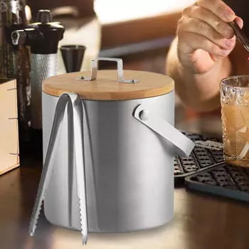 Ведерко для льда из нержавеющей стали с ручкой, крышкой и щипцами для бара