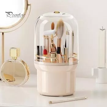 Ведро для хранения косметических кистей Компактный вращающийся держатель для кистей для макияжа с несколькими слотами и крышкой для дома розовый