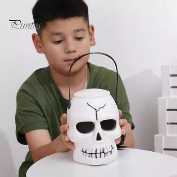 Ведро для конфет в форме черепа на Хэллоуин, держатель для сладостей в форме черепа с ручкой, пластиковая банка для сладостей, котел, принадлежности для вечеринки на Хэллоуин белый