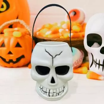 Ведро для конфет в форме черепа на Хэллоуин, держатель для сладостей в форме черепа с ручкой, пластиковая банка для сладостей, котел, принадлежности для вечеринки на Хэллоуин белый