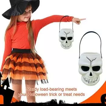 Ведро для конфет в виде черепа на Хэллоуин, держатель для конфет в виде черепа с ручкой, пластиковое угощение