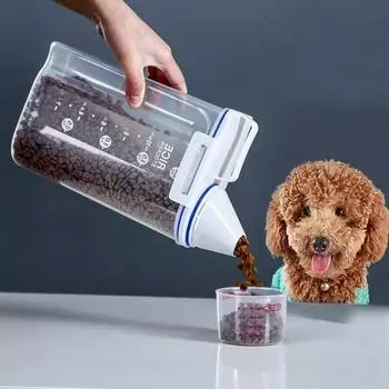 Ведро для корма для собак и кошек, пластиковый резервуар для хранения с мерным стаканчиком, влагостойкий герметичный резервуар, аксессуары для домашних животных 1.5L белый