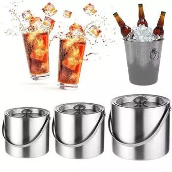 Ведро для льда из нержавеющей стали, 1,6/2/3 л, бесшовная структура с двойной стенкой и изоляцией, Ведро для льда с утолщенной ручкой для баров для вечеринок 1.6l