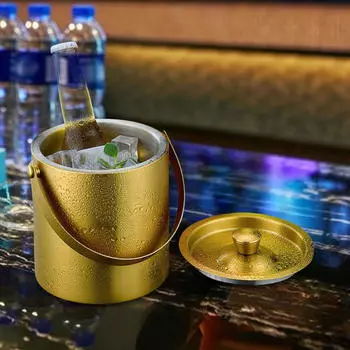 Ведро для льда с герметичной крышкой. Охладитель для сервировки из нержавеющей стали с двойными стенками из золотой пластины. 2.0L