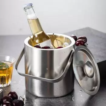 Ведро для льда Yousheng с крышкой. Храните лед замороженным дольше. Двойное ведро для шампанского. Вино, охлажденное пиво. Ведро для льда. Бар KTV. Термальное ведро для льда. Товары для бара и вечеринки. серебряный
