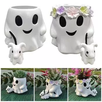 Ведро с привидениями Хэллоуин Призрак Выгул Собаки Кашпо Смола Улыбка Призрак Ваза Конфетница A