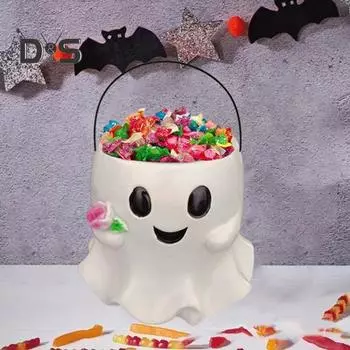 Ведро с привидениями на Хэллоуин, жуткий горшок для цветов с привидениями, ваза из смолы, праздничная миска для сладостей, украшение для сада на открытом воздухе, украшение белый