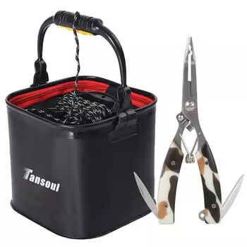 Ведро Tansoul Bucket, складное ведро для воды с рыболовными клещами для рыбалки и стирки с сетчатым чехлом 22 см чёрный