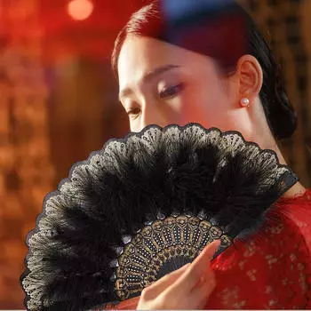 Веер из перьев, элегантный ручной вышитый цветок, складной реквизит, портативный портативный компьютер для выпускного вечера чёрный