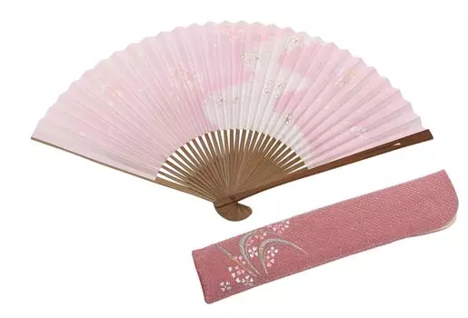 Веер Киото с сумкой для веера и косметической коробкой с рисунком цветущей вишни на обоих [Хасэгава] для женщин (Текучие стороны)