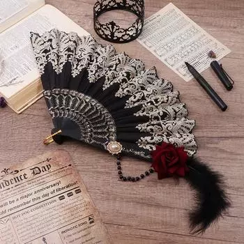 Веер Лолиты, складной веер с перьями и розами, европейский стиль, ретро, позолоченный кружевной веер, женский веер для чаепития, свадьбы, косплей, реквизит