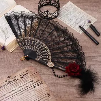 Веер Лолиты, складной веер с перьями и розами, европейский стиль, ретро, позолоченный кружевной веер, женский веер для чаепития, свадьбы, косплей, реквизит B