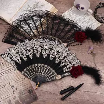 Веер Лолиты, складной веер с перьями и розами, европейский стиль, ретро, позолоченный кружевной веер, женский веер для чаепития, свадьбы, косплей, реквизит A