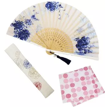 Веер Набор с пионом [Osaka Choseido] Веер, женский, стильный, деловой, сумка, держатель, носовой платок, (синий)