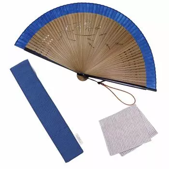 Веер Набор с супер коротким синим веером [Osaka Choseido], мужской, модный, деловой, сумка, держатель, носовой платок, ткань, синий