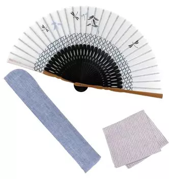 Веер Набор с веером Cool Wind Fine Dragonfly [Osaka Choseido] Веер, мужской, модный, деловой, сумка, держатель, носовой платок, узор, (Аю Уайт)