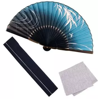 Веер Набор вееров с лягушкой-ивой [Osaka Choseido] Веер, мужской, модный, деловой, сумка, держатель, носовой платок, (Цвет морской волны)
