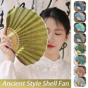 Веер в форме ракушки в японском стиле из хлопка и льна, литературное искусство, складной веер из бамбука в стиле ретро, шикарный китайский ханьфу, свадебный танец, декоративный реквизит
