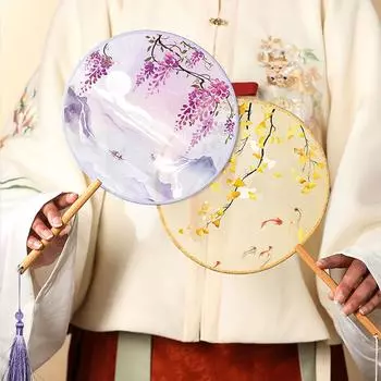 Веер в китайском стиле, тушь, живопись, древний китайский стиль, китайская свадьба с подвеской, ручной круглый шелковый веер с кисточками 7