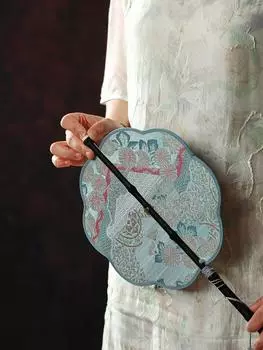 Веер в старинном стиле из бамбука, круглый, винтажный, с вышивкой цветов, китайский стиль, аксессуары ханьфу, складной, с длинной ручкой, портативный, 1 шт.